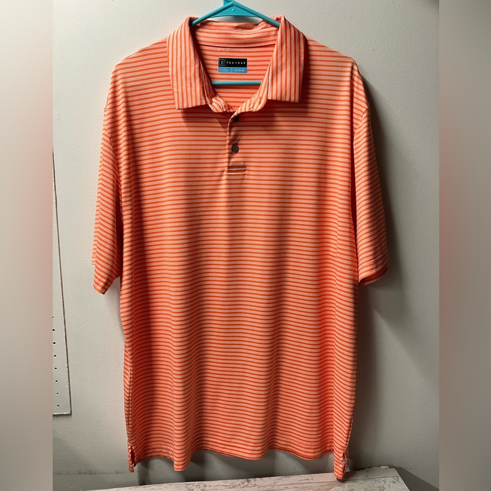 PGA Tour Polo Shirt Mens XL Extra Large Orange Striped short sleeve golf shirt